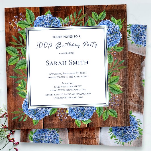 Blue Hydrangeas Rustic Wood 100th Birthday Party Kaart