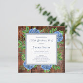 Blue Hydrangeas Rustic Wood 100th Birthday Party Kaart (Staand voorkant)