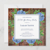 Blue Hydrangeas Rustic Wood 100th Birthday Party Kaart (Voorkant)
