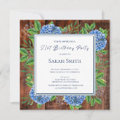 Blue Hydrangeas Rustic Wood 21st Birthday Party Kaart (Voorkant)