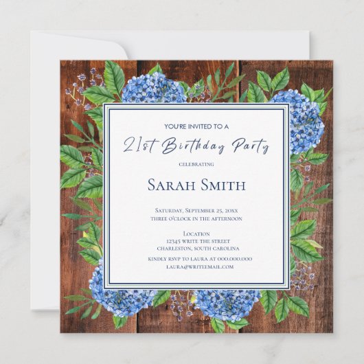 Blue Hydrangeas Rustic Wood 21st Birthday Party Kaart (Voorkant)
