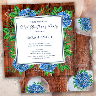 Blue Hydrangeas Rustic Wood 21st Birthday Party Kaart