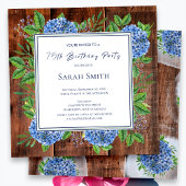 Blue Hydrangeas Rustic Wood 75th Birthday Party Kaart