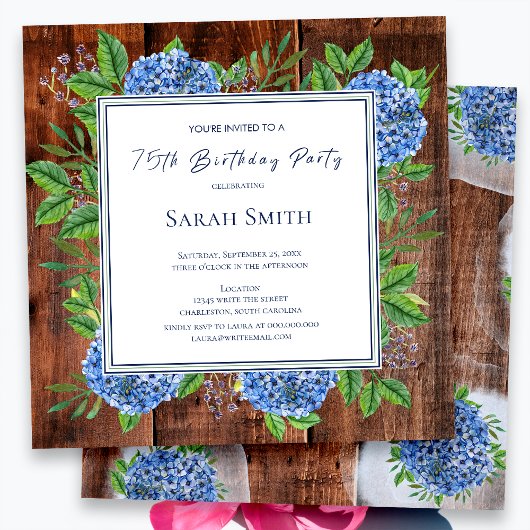 Blue Hydrangeas Rustic Wood 75th Birthday Party Kaart