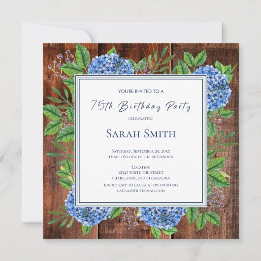 Blue Hydrangeas Rustic Wood 75th Birthday Party Kaart (Voorkant)