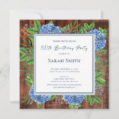 Blue Hydrangeas Rustic Wood 80th Birthday Party Kaart (Voorkant)