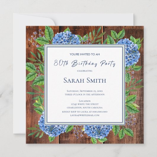 Blue Hydrangeas Rustic Wood 80th Birthday Party Kaart (Voorkant)