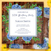 Blue Hydrangeas Rustic Wood 80th Birthday Party Kaart