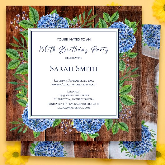 Blue Hydrangeas Rustic Wood 80th Birthday Party Kaart