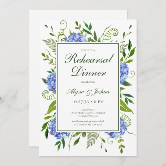 Blue Hydrangeas Script repetitie diner Kaart (Voorkant / Achterkant)