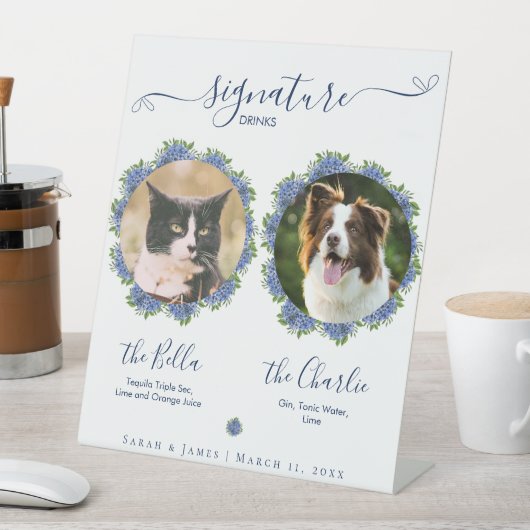 Blue Hydrangeas Signature Drink Sign Wedding Pet Reclamebord Met Voetstuk (Insitu)