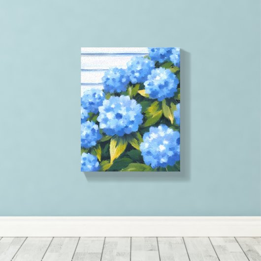 Blue Hydrangeas Struiken Bloemenschilderij Canvas Afdruk (Insitu (Houten vloer))