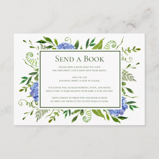 Blue Hydrangeas Stuur een boek Virtual Baby shower Informatiekaartje (Voorkant)