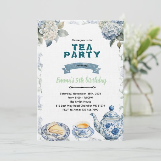 Blue Hydrangeas tea party Invitation Kaart (Staand voorkant)