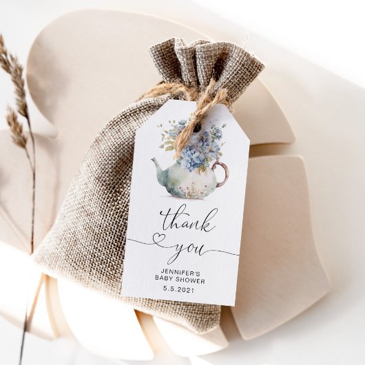 Blue Hydrangeas theepot baby shower dank u Cadeaulabel