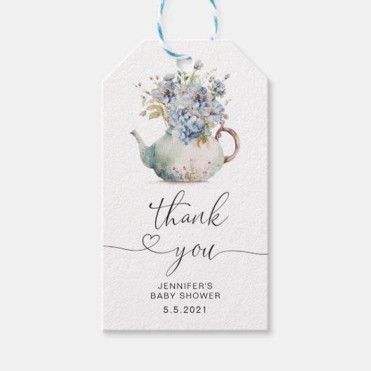 Blue Hydrangeas theepot baby shower dank u Cadeaulabel (Voorkant)