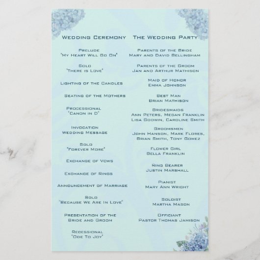 Blue Hydrangeas Trouwprogramma (Achterkant)