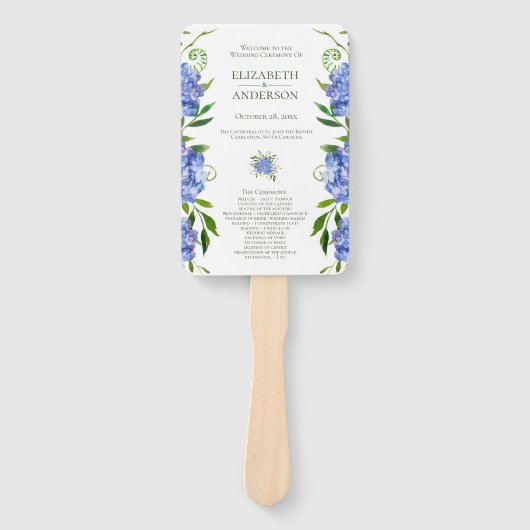 Blue Hydrangeas Trouwprogramma Handwaaier (Voorkant)