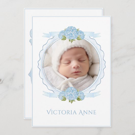 Blue Hydrangeas Vintage Birth Announcement Kaart (Voorkant / Achterkant)