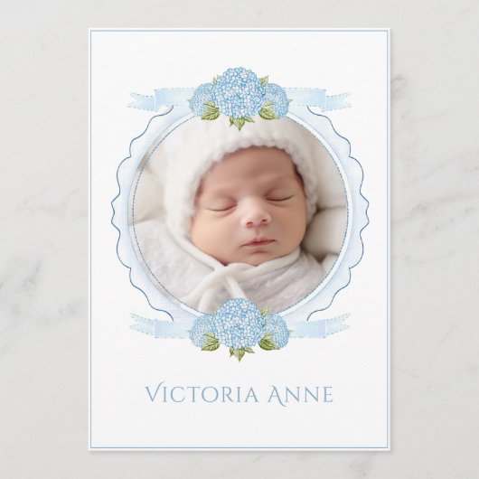 Blue Hydrangeas Vintage Birth Announcement Kaart (Voorkant)