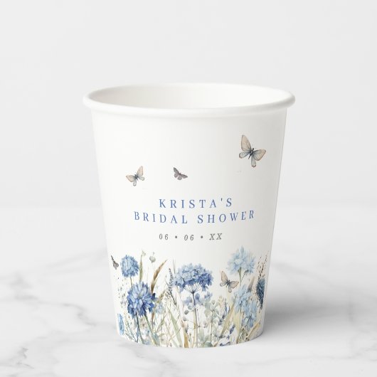 Blue Hydrangeas & Vlinders Vrijgezellenfeest Papieren Bekers (Achterkant)