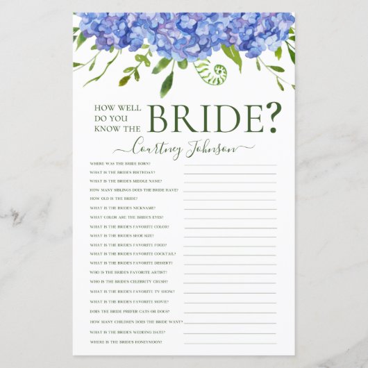 Blue Hydrangeas Vrijgezellenfeest Game (Voorkant)