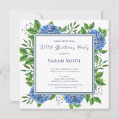 Blue Hydrangeas Waterverf 100th Birthday Party Kaart (Voorkant)