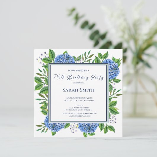 Blue Hydrangeas Waterverf 75th Birthday Party Kaart (Staand voorkant)