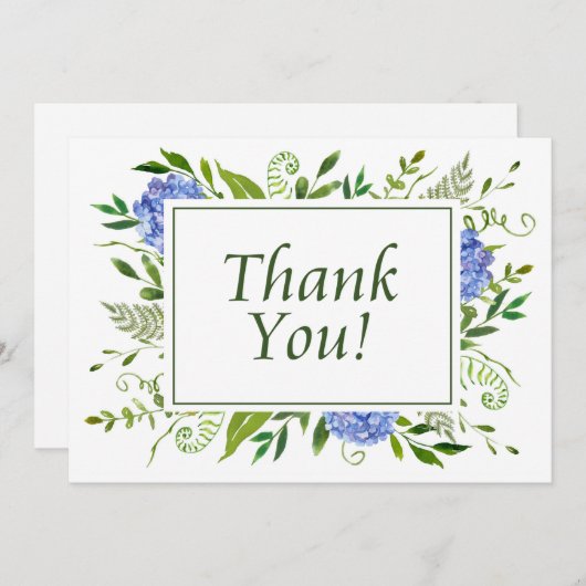 Blue Hydrangeas Waterverf Flat Dank u kaart (Voorkant / Achterkant)