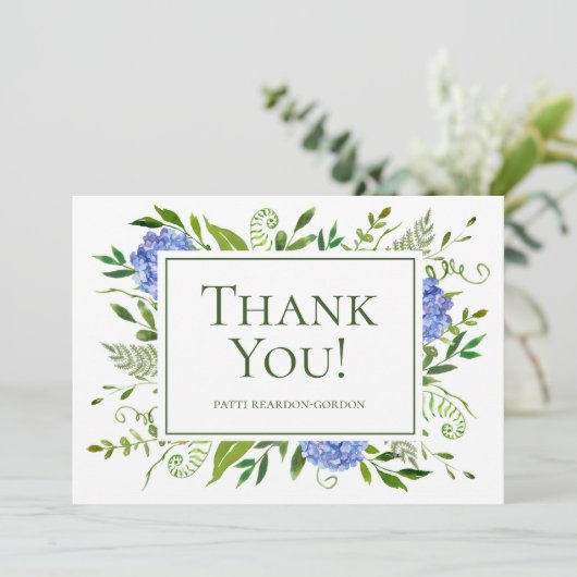 Blue Hydrangeas Waterverf Naam Bedankkaart (Staand voorkant)