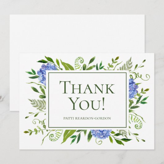 Blue Hydrangeas Waterverf Naam Bedankkaart (Voorkant / Achterkant)