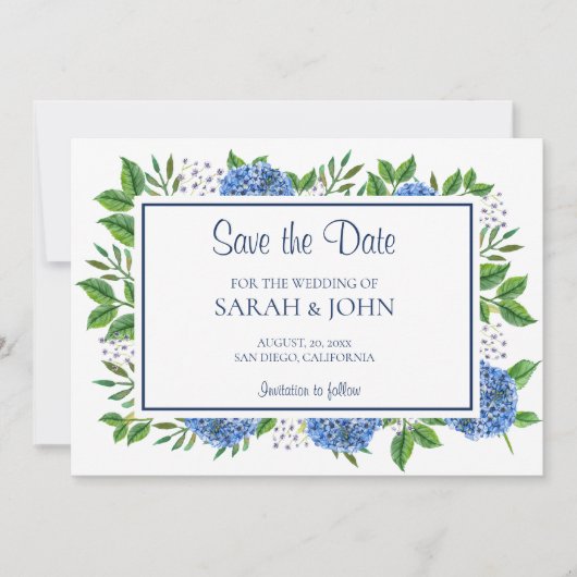Blue Hydrangeas Waterverf Photo Save the Date Kaart (Voorkant)