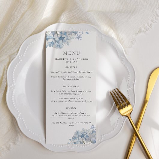Blue Hydrangeas Waterverf Wedding Menu
