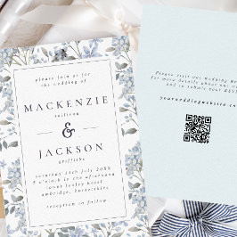 Blue Hydrangeas Waterverf Wedding QR Code Kaart