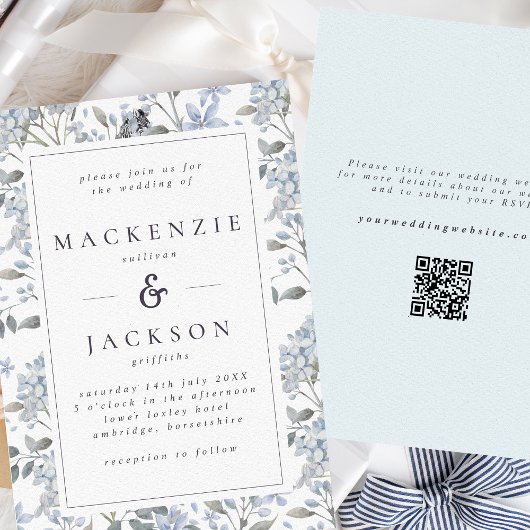 Blue Hydrangeas Waterverf Wedding QR Code Kaart