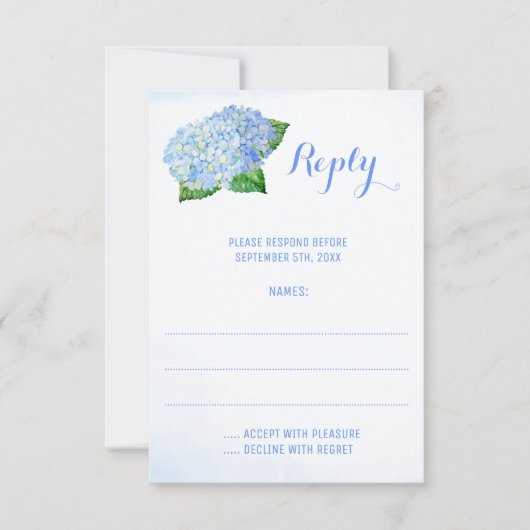Blue Hydrangeas Waterverf Wedding Reply Cards RSVP Kaartje (Voorkant)