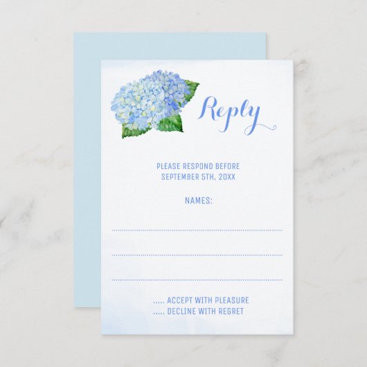 Blue Hydrangeas Waterverf Wedding Reply Cards RSVP Kaartje (Voorkant / Achterkant)