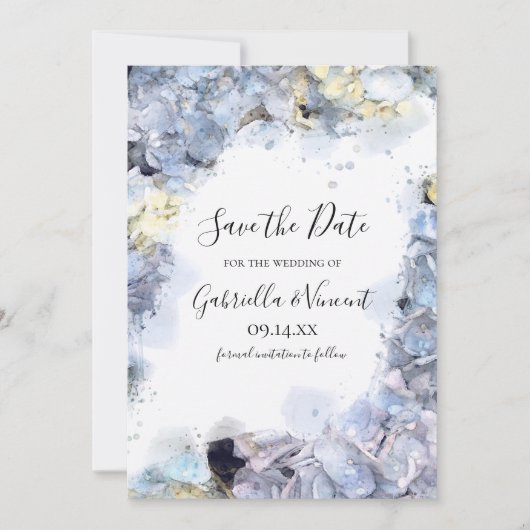 Blue Hydrangeas Waterverf Wedding Save the Date (Voorkant)
