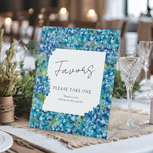 Blue Hydrangeas Wedding Favors Please Take One Reclamebord Met Voetstuk