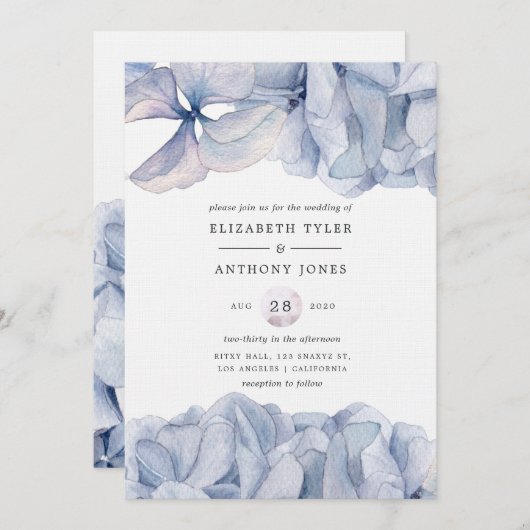 Blue Hydrangeas Wedding Invitation Kaart (Voorkant / Achterkant)