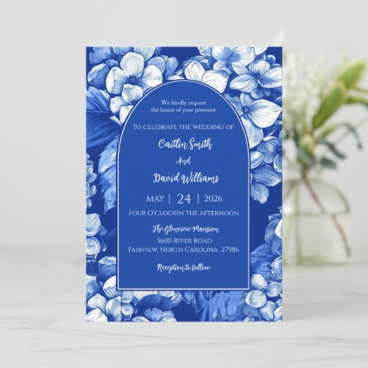 Blue Hydrangeas Wedding Invitation Kaart (Staand voorkant)