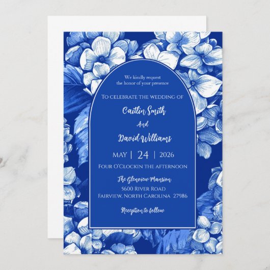 Blue Hydrangeas Wedding Invitation Kaart (Voorkant / Achterkant)