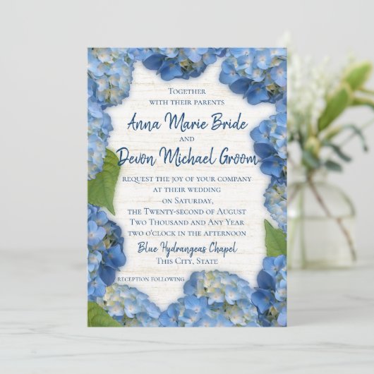 Blue Hydrangeas Wedding Kaart (Staand voorkant)