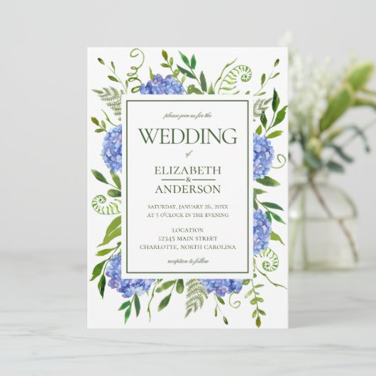 Blue Hydrangeas Wedding Kaart (Staand voorkant)