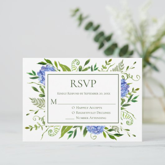 Blue Hydrangeas Wedding RSVP Kaartje (Staand voorkant)