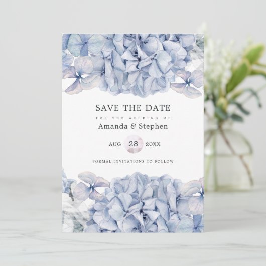 Blue Hydrangeas Wedding Save The Date (Staand voorkant)