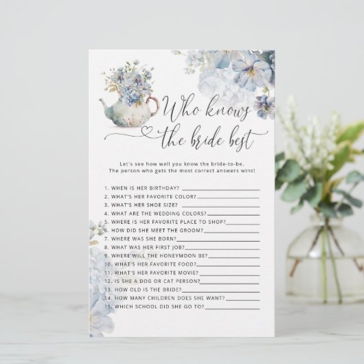 Blue Hydrangeas Wie weet de bruid beste spel (Staand voorkant)