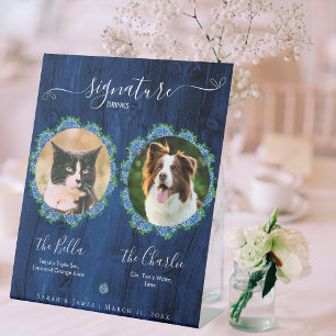 Blue Hydrangeas Wood Signature Pet Drink Reclamebord Met Voetstuk