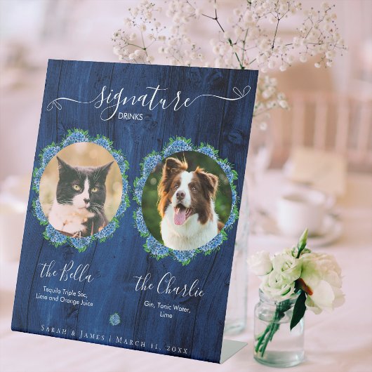 Blue Hydrangeas Wood Signature Pet Drink Reclamebord Met Voetstuk