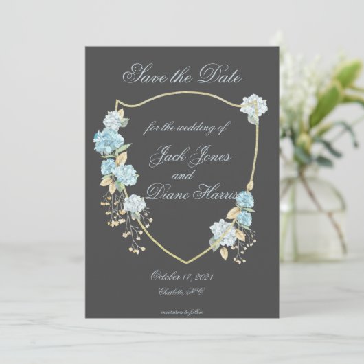 Blue Hydreanga Save the Date Aankondiging (Staand voorkant)